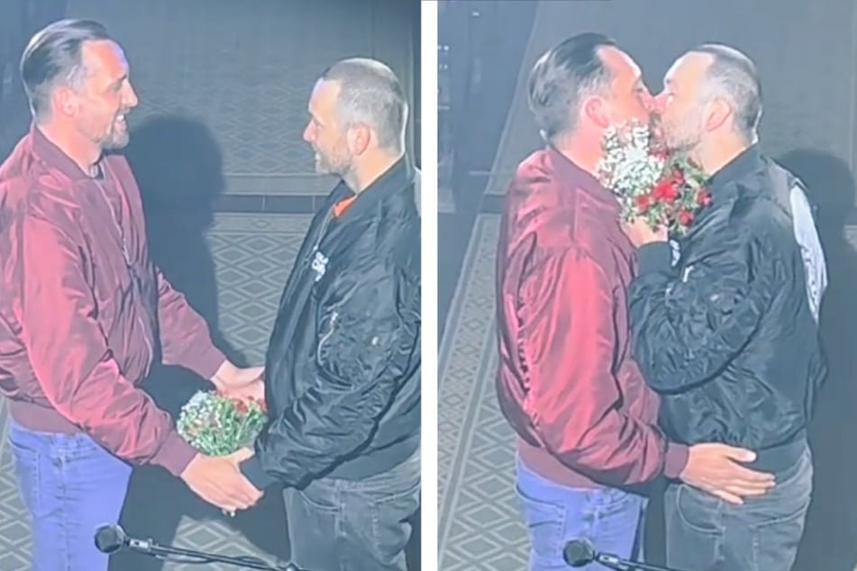 Danger Dan (38, rote Jacke) trat am Samstag in der Ringkirche in Wiesbaden auf und inszenierte dabei eine homosexuelle Hochzeit.