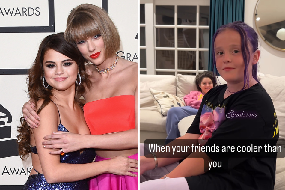 Selena Gomez (l.) shared a video of her sister Gracie (r.), revealing that she dyed her hair purple in honor of Taylor Swift releasing Speak Now (Taylor's Version).