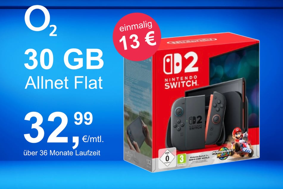 Die Nintendo Switch 2 plus Mario Kart World im o2 Mobile M inkl. 30 GB+ für einmalig nur 13 Euro.