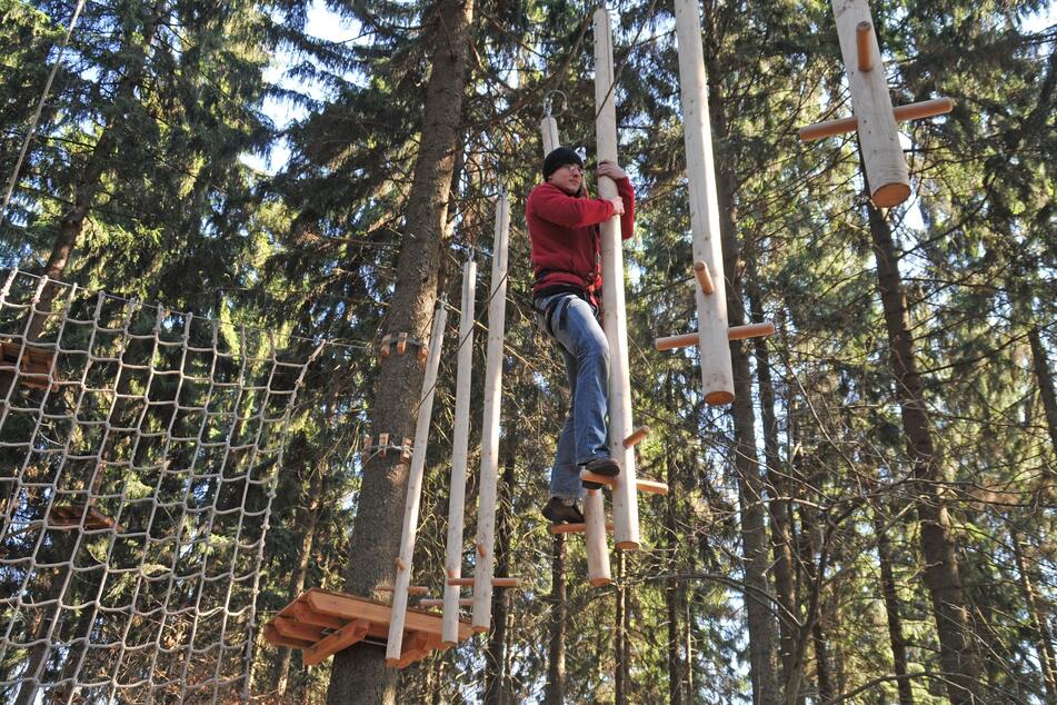 Im Chemnitzer Kletterwald in Rabenstein könnt Ihr unter anderem in zehn Metern Höhe zwischen den Bäumen klettern.