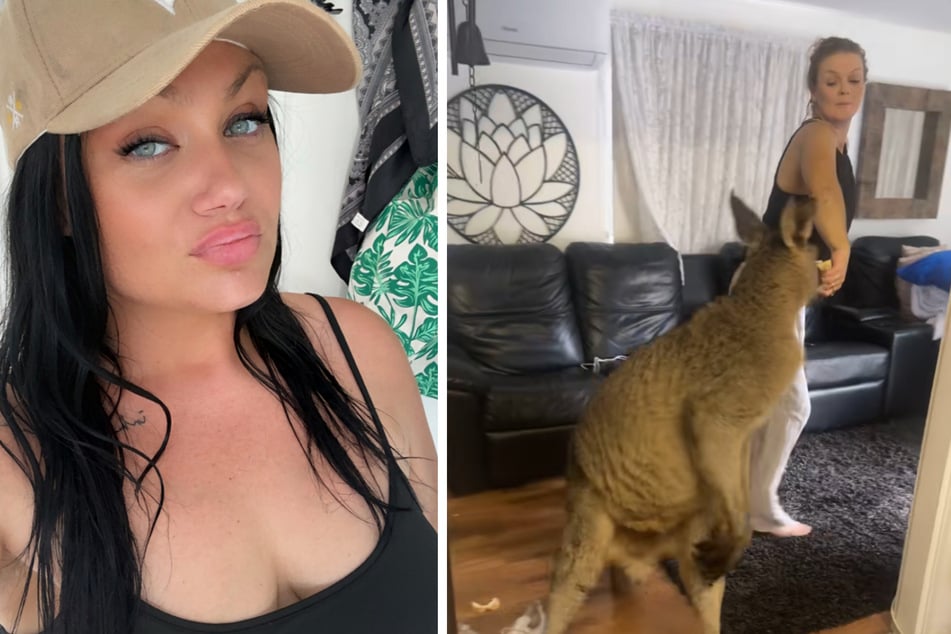 Shannon (l.) hat den Moment gefilmt, in dem Känguru Billy in der Wohnung auftaucht und mit einer Scheibe Brot wieder herausgelockt wird.