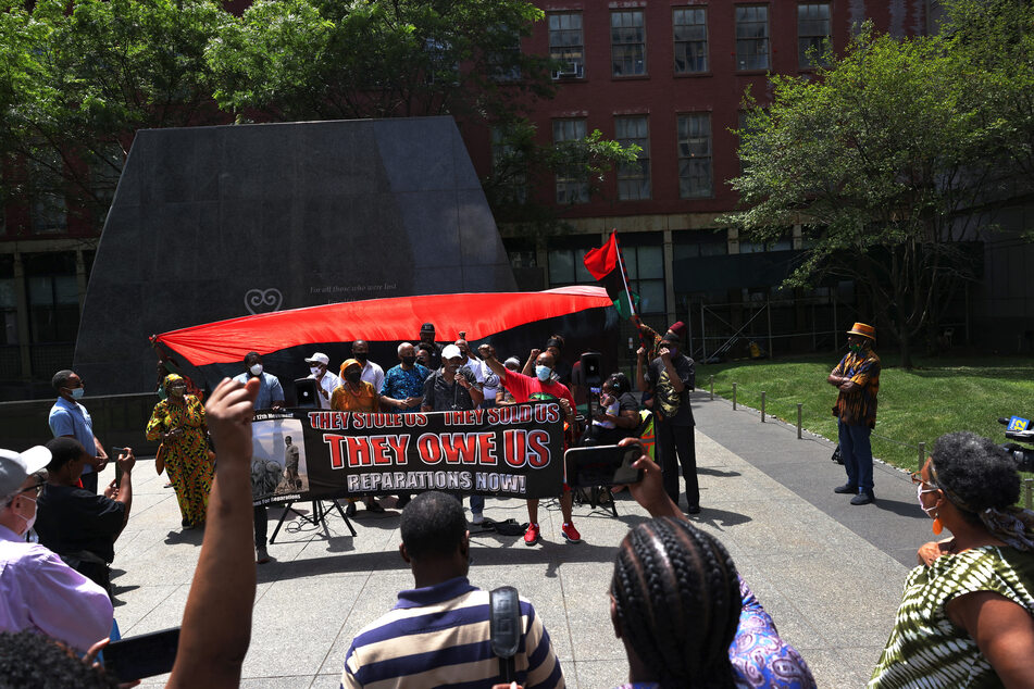 A rally for reparations at the African Burial Ground National Monument in 2021 in New York City.
