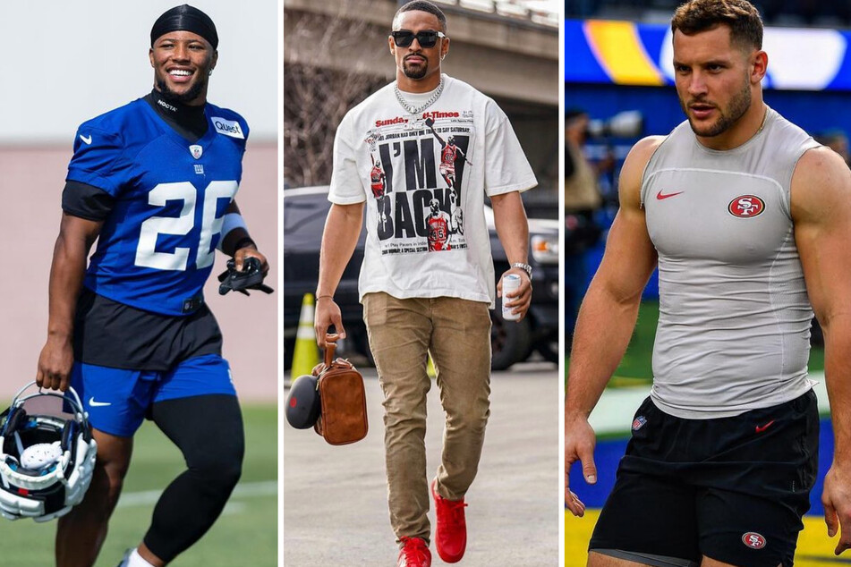 Whether they're flashing their sexy smiles or showing off their athletic prowess, here's a list of some of the most handsome NFL players in 2024, like (from l. to r.) Saquon Barkley, Jalen Hurts, and Nick Bosa.