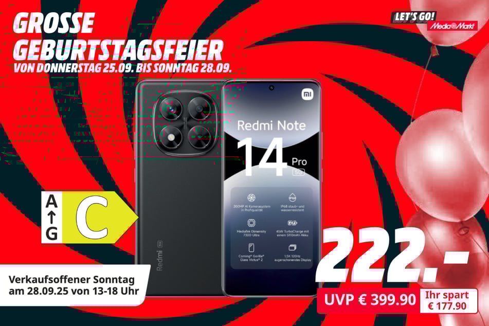 Xiaomi Redmi Note 14 Pro 5G (256 GB) für 222 statt 399,90 Euro.