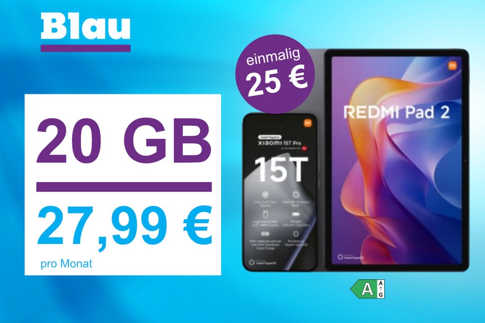 Das Xiaomi 15T Pro plus Redmi Pad 2 im Blau Allnet M für einmalig 25 Euro.