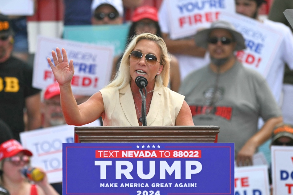 Representative Marjorie Taylor-Greene speaking at a campaign rally for Republican presidential candidate Donald Trump in Las Vegas, Nevada on June 9, 2024.