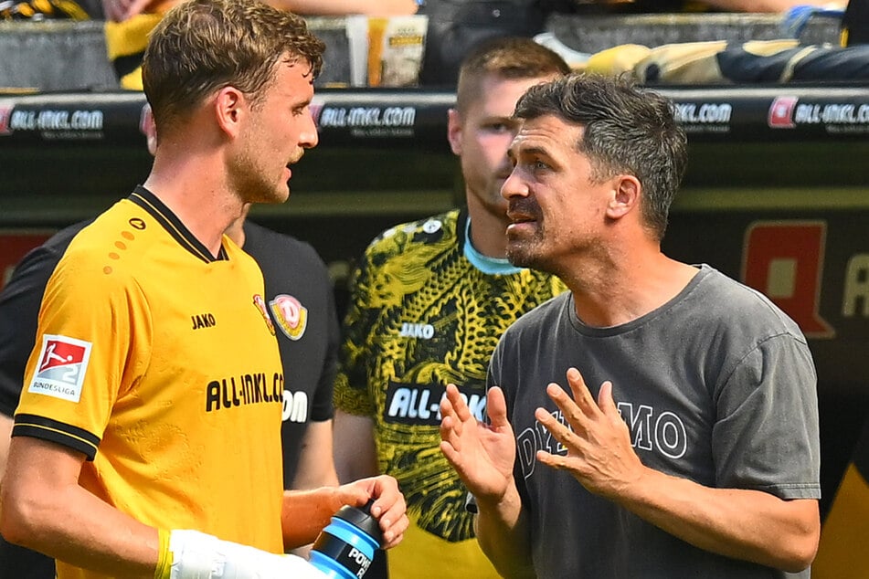 Dynamo-Trainer Thomas Stamm (42, r.) mit Top-Stürmer Christoph Daferner (27). Sie wollen heute etwas mitnehmen aus Darmstadt.