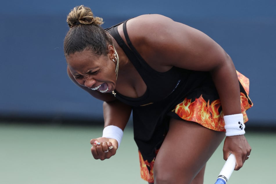 Taylor Townsend celebrates winning match point against Jelena Ostapenko during their Women's Singles Second Round match on Day Four of the 2025 US Open.