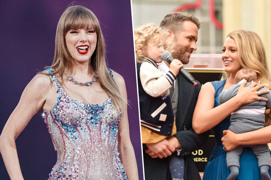Taylor Swift (l.) gave a shout-out to Blake Lively (r.) and Ryan Reynold's daughters as the family attended The Eras Tour in Madrid on Wednesday.