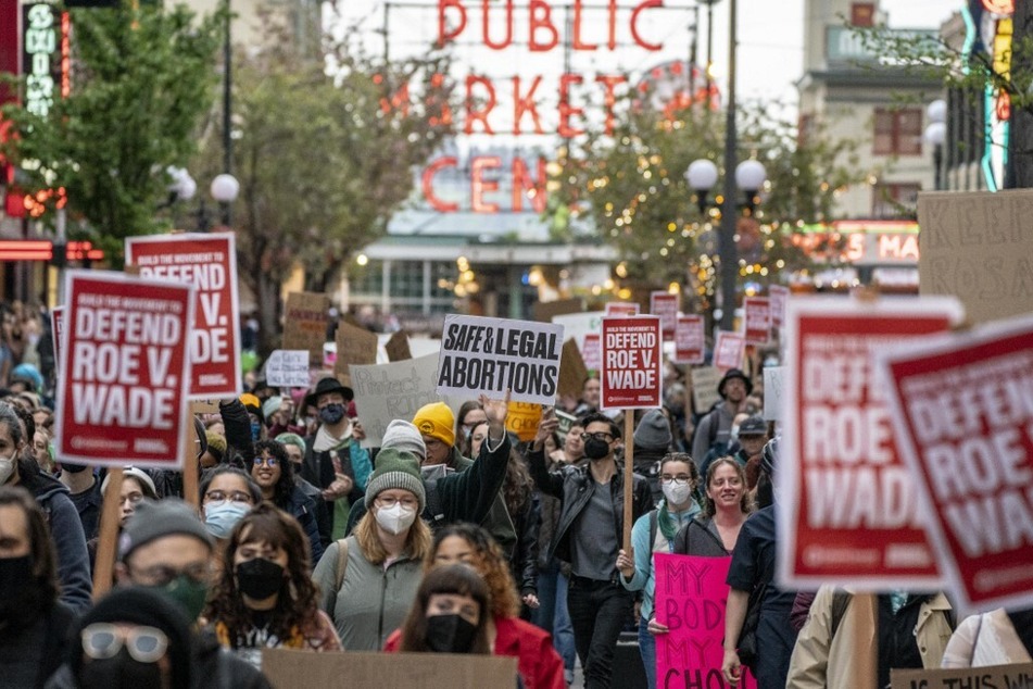 Protesters in Seattle march for abortion rights following the Supreme Court's decision to overturn Roe v. Wade.