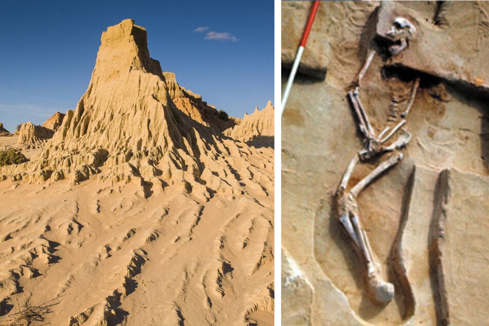Mungo Man (r.) and 107 other people's remains are set to be buried in unknown locations across the Mungo National Park (l.).