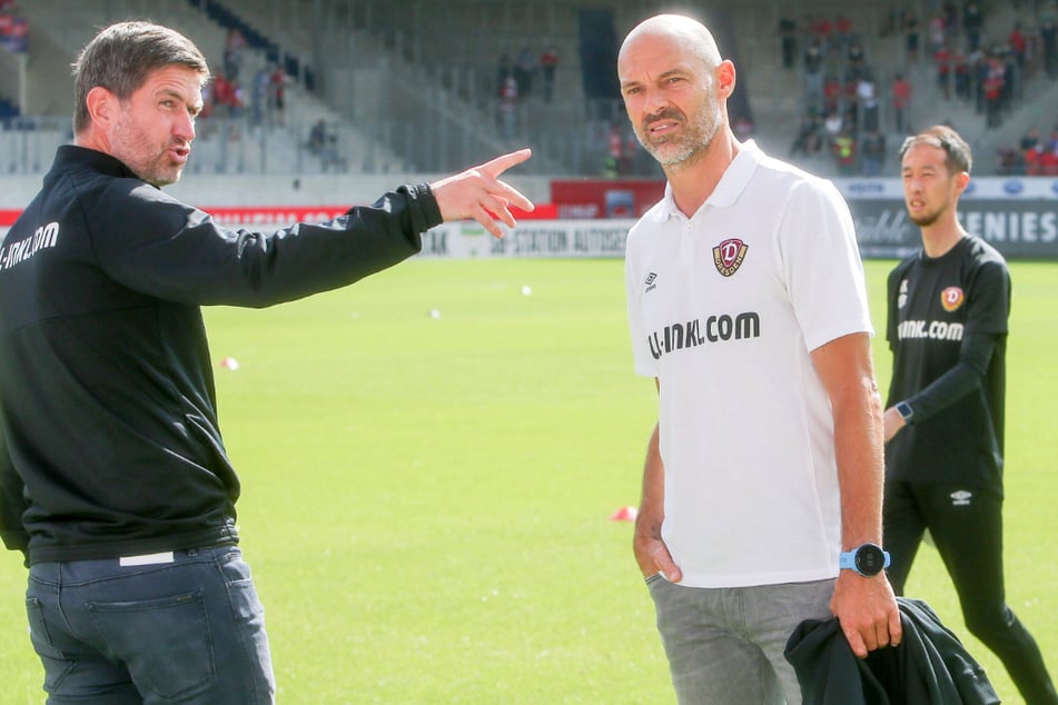 Vor dem Spiel waren Dynamos Sportgeschäftsführer Ralf Becker (l.) und Trainer Alexander Schmidt noch guter Dinge.