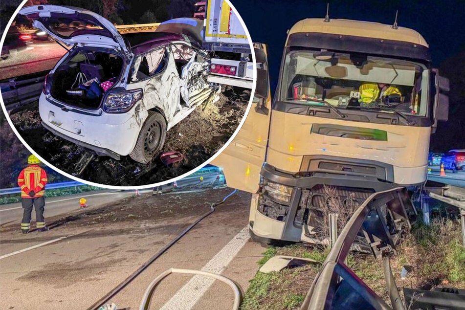 Unfall A5: Reifenplatzer auf A5 löst Chaos aus: Lkw drängt Auto in Leitplanke