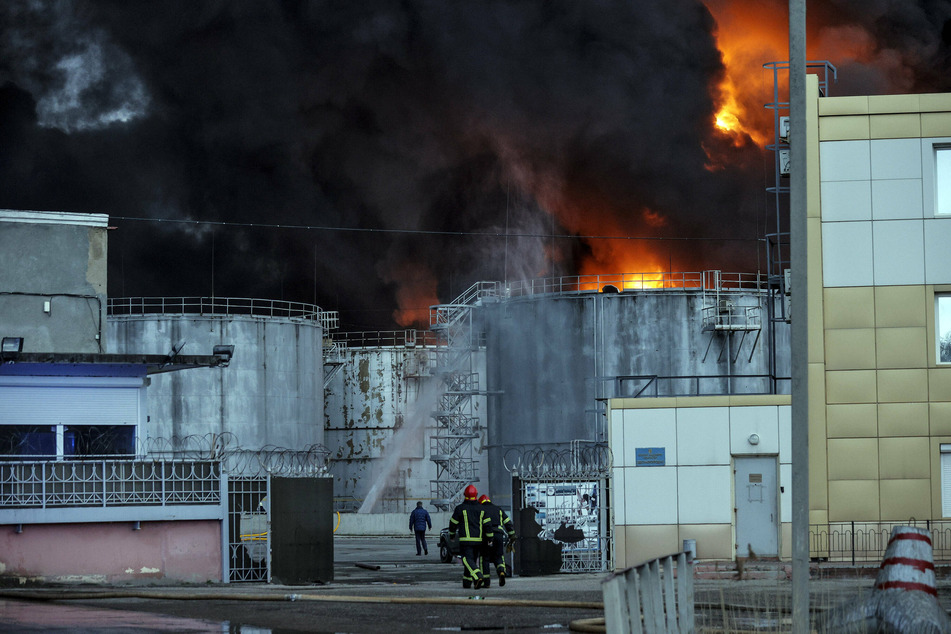 Firefighters battle the blazes after explosions at a petroleum refinery in Odessa, Ukraine.