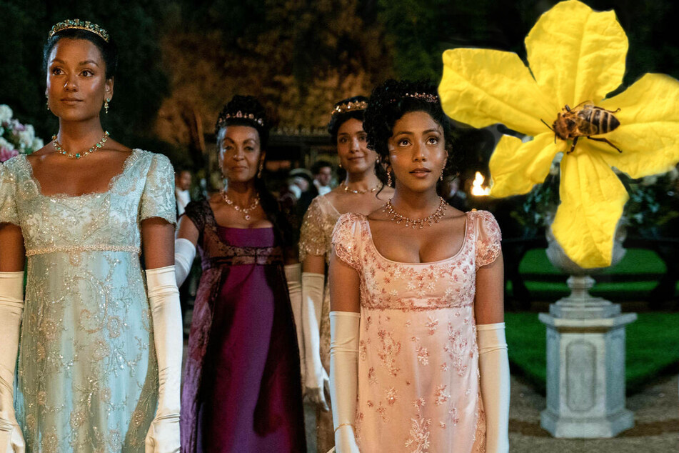 Bridgerton season two features (from l. to r.) Simone Ashley as Kate Sharma , Adjoa Andoh as Lady Danbury, Shelley Conn as Mary Sharma, Charithra Chandran as Edwina Sharma, and plenty of bees (inset).