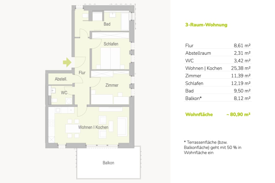 Mustergrundriss einer attraktiven 3-Raumwohnung.