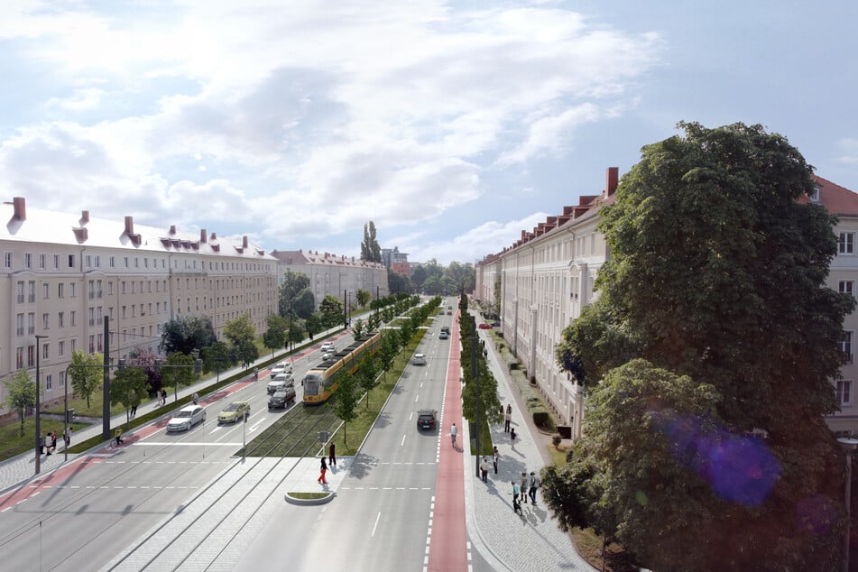 Mit neuer Straßenbahnlinie im eigenen Gleisbett: So soll die umgebaute Nürnberger Straße 2030 aussehen.