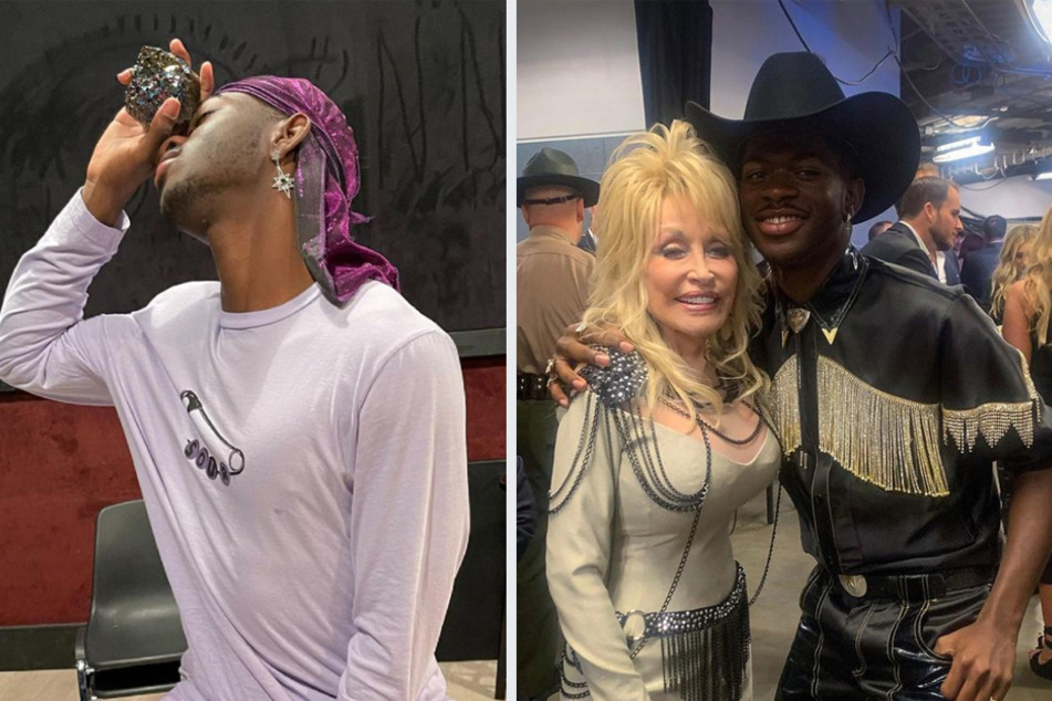 Dolly Parton (c.) praised Lil Nas X's (r.) cover of her hit single, Jolene.