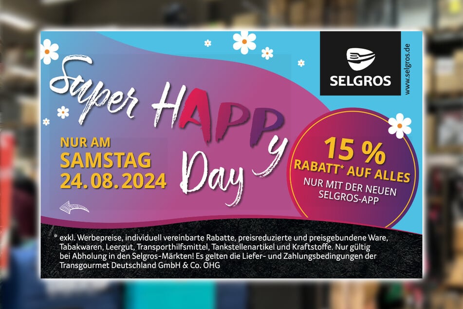 Nur zum Super Happy Day am Samstag (24.8.) gibt's bei Selgros 15 Prozent geschenkt.