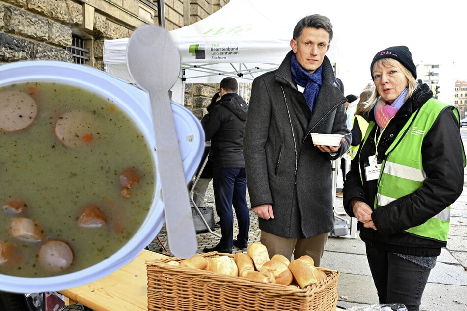 Dresden: Gewerkschaft verteilt heiße Suppe im Regierungsviertel