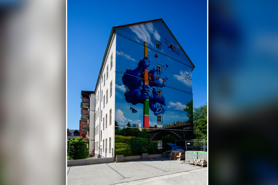 Süße Rebel-Art-Hommage an "King Kong" auf einer Fassade in der Fritz-Matschke-Straße.