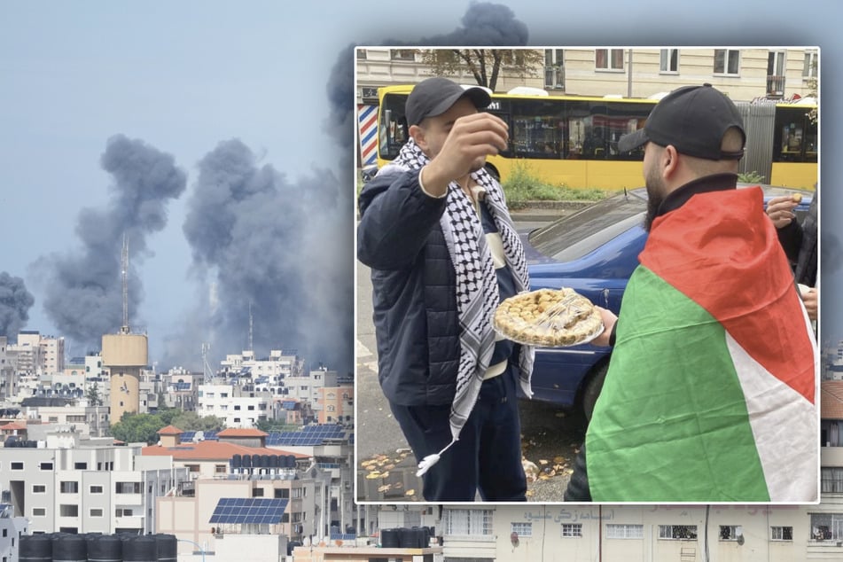 Anhänger der Hamas verteilen nach der Kriegserklärung gegen Israel mitten in Neukölln Baklava.