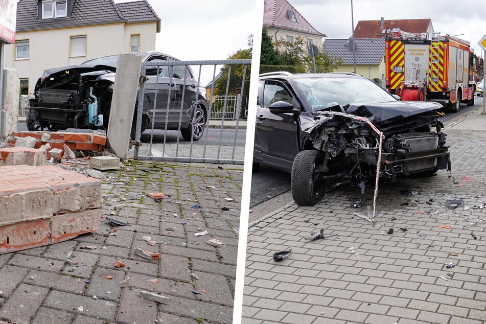 Crash im Dresdner Norden: Auto kracht in Mauer - Fahrerin muss ins Krankenhaus