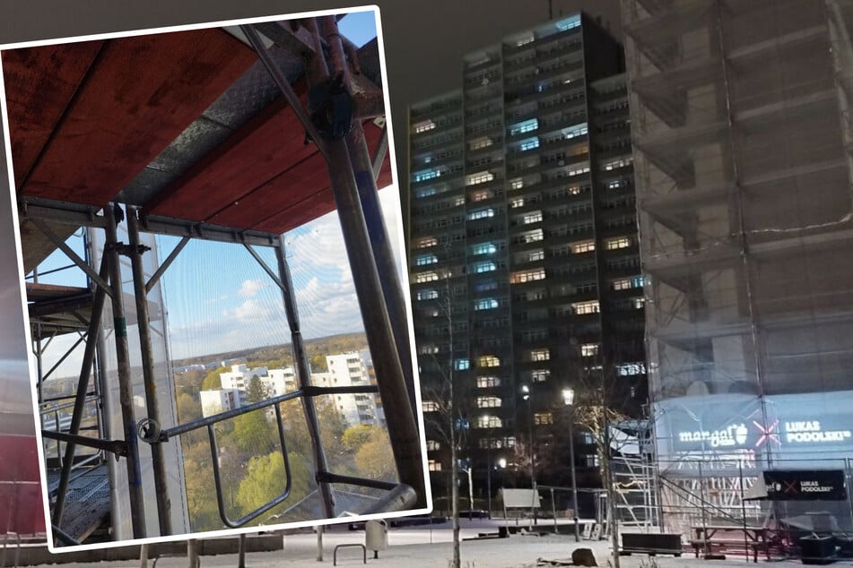 Seit über einem Jahr sind die Hochhäuser an der Osloer Straße in Köln-Chorweiler teilweise von Gerüsten eingehüllt. Passiert ist seitdem aber nicht viel.