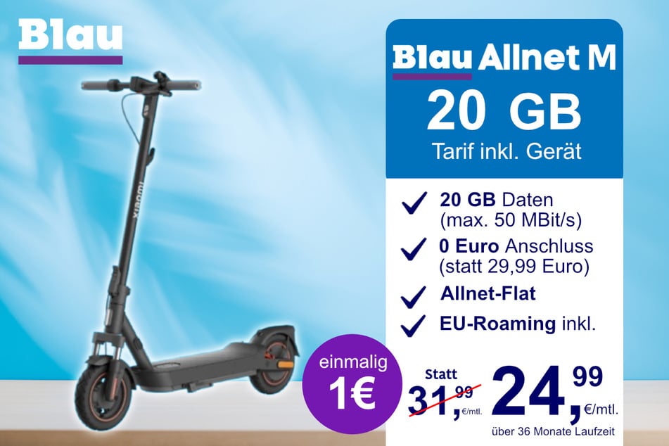 Der Xiaomi E-Scooter 5 Max im Blau Allnet M für einmalig 1 Euro.