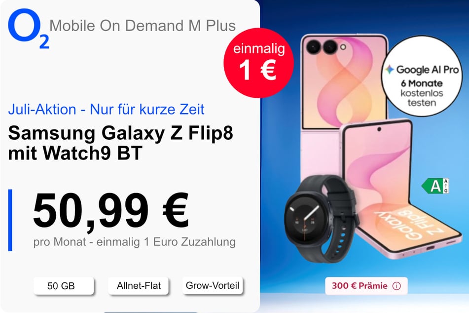 Das Samsung Galaxy Z Flip8 mit Watch9 BT für einmalig nur 1 Euro bei o2.