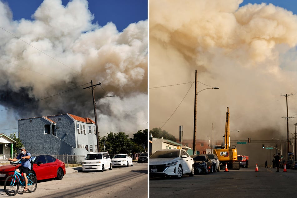 Los Angeles was placed under a state of emergency on Saturday as fire crews battled to subdue a warehouse fire that spewed black smoke across the city.