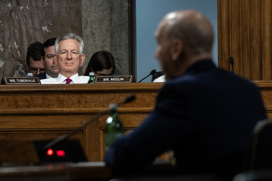 Senator Tommy Tuberville (l.) looks on as Air Force General David W. Allvin (r.), nominee to be Chief of Staff of the Air Force at the Department of Defense, speaks during a Senate Armed Services Committee nomination on September 12, 2023.