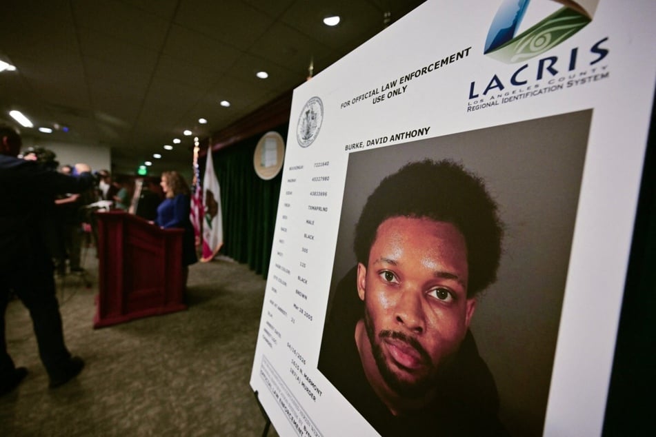 A photo of D4vd is shown during a press briefing on the case against him in Los Angeles on April 20, 2026.