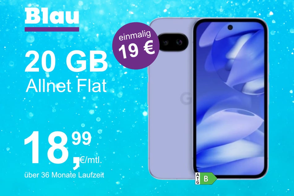 Das Google Pixel 9a im Blau Allnet M für einmalig 19 Euro.