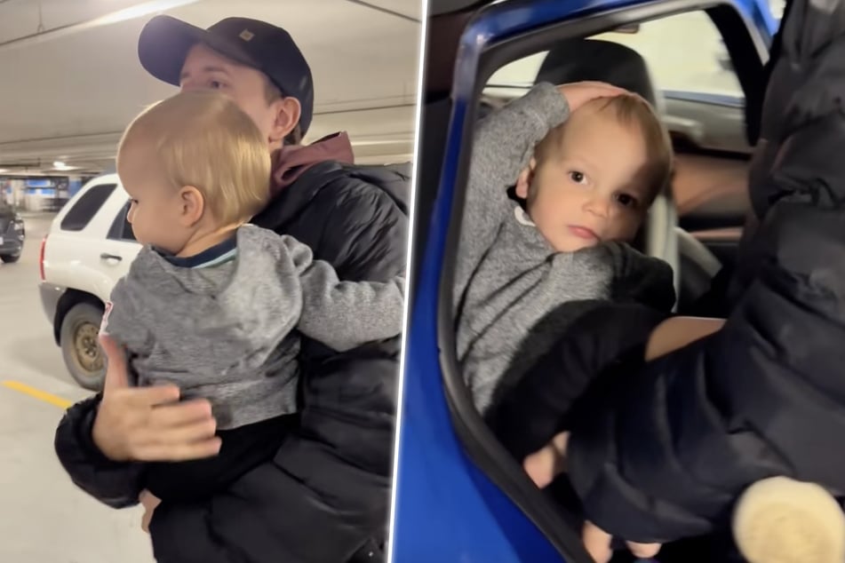 Lustige Reaktion: Kind schützt seinen Kopf, als Papa es ins Auto hebt