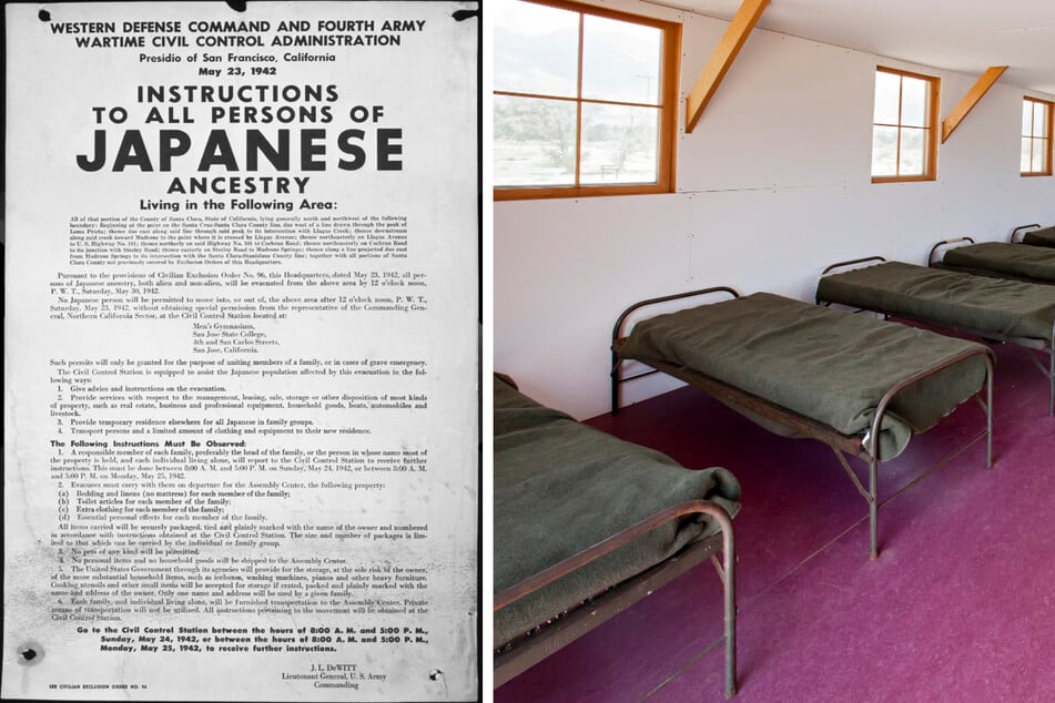 In 1942, the US government ordered the incarceration of Japanese Americans who lived on the US Pacific coast (l.) into camps like Manzanar Internment Camp (r.).
