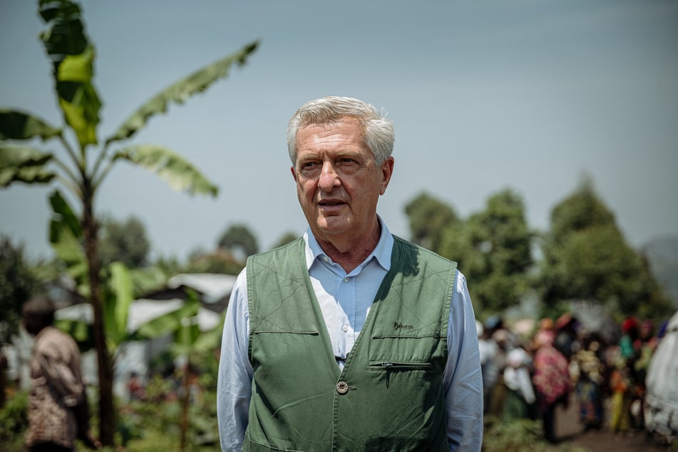 United Nations High Commissioner for Refugees Filippo Grandi visits a displacement camp in Sake, eastern Democratic Republic of Congo, on August 29, 2025.