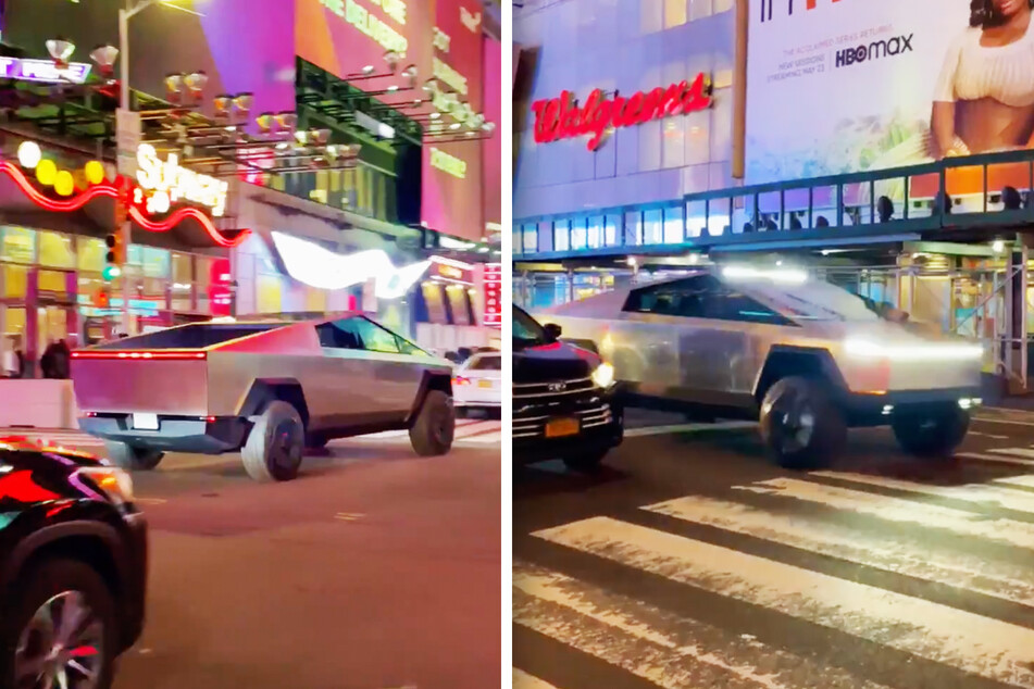 Tesla's Cybertruck drives through New York's Times Square.