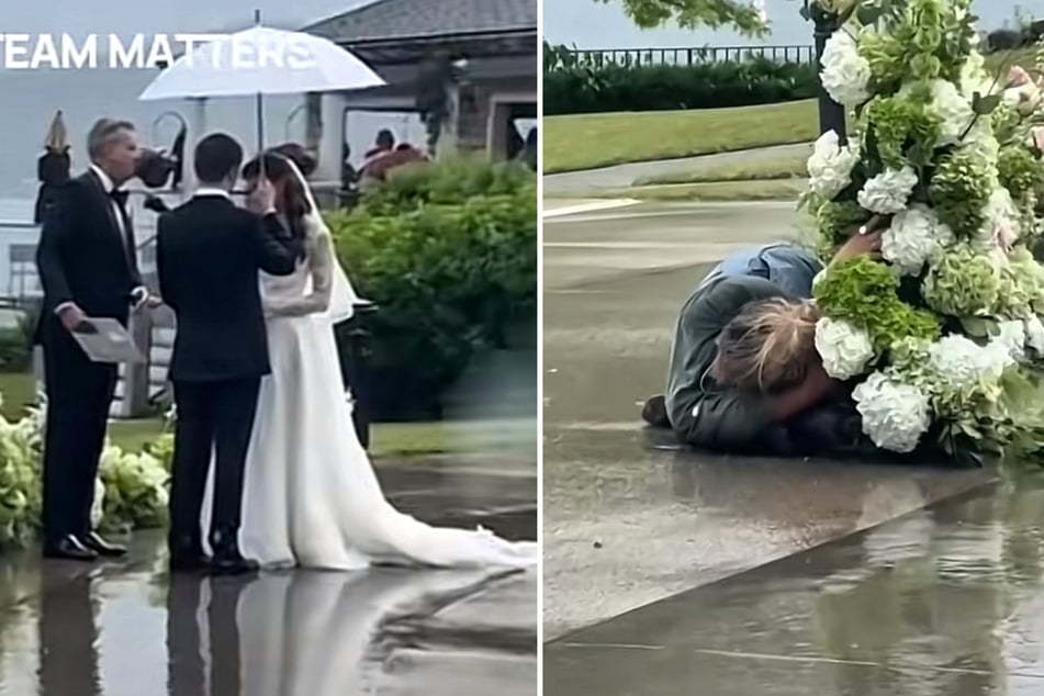 Bei der Trauung von Hannah und William legte sich Floristin Lexee Goertzen (34) 30 Minuten lang in den strömenden Regen, um die Deko zu retten.