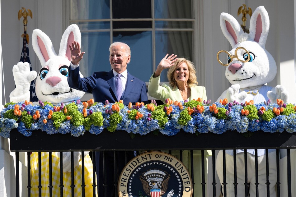 President Joe Biden (l.) and First Lady Jill Biden wave during the annual Easter Egg Roll on the South Lawn of the White House in Washington DC, on April 10, 2023.