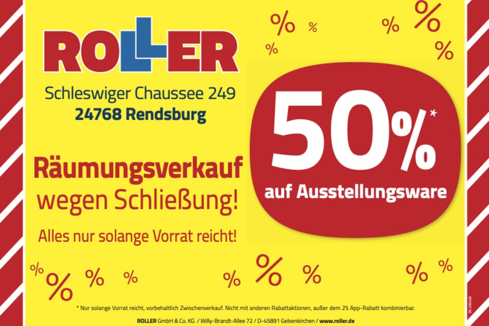Zum Start des großen Räumungsverkaufs bei ROLLER in Rendsburg gibt's für Kunden u.a. 50 Prozent Rabatt¹ beim Möbelkauf.