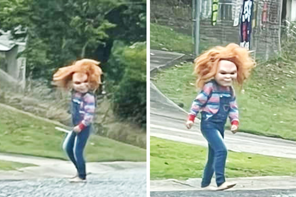 A five-year-old boy in a Chucky doll costume has gone viral after photos were shared of him stalking the streets of his small neighborhood.