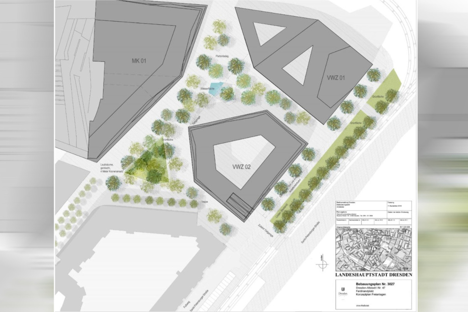 Der Brunnen soll zwischen dem neuen Verwaltungszentrum (oben rechts), dem Kaufhaus (oben links) und dem möglichen zweiten Verwaltungsbau entstehen.