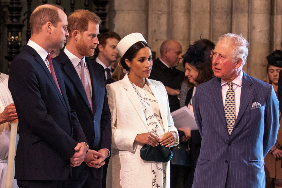 (From l to r) Prince William, Prince Harry, Meghan Markle, and King Charles are said to now have a strained relationship, especially after the couple's Netflix docuseries.