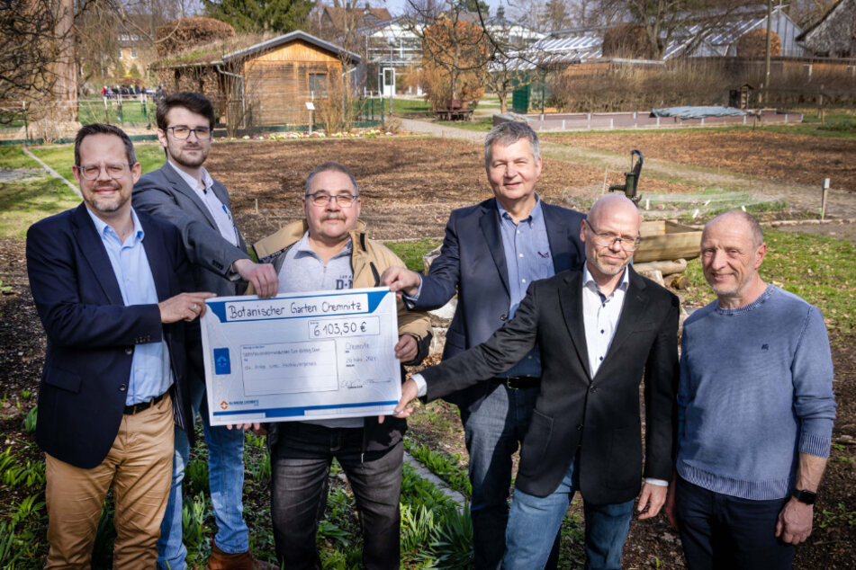 Vertreter des Klinikums Chemnitz übergaben den Spendenscheck für den neuen Heilkräutergarten an den Leiter des Botanischen Gartens, Sten Gillner (2.v.r.).