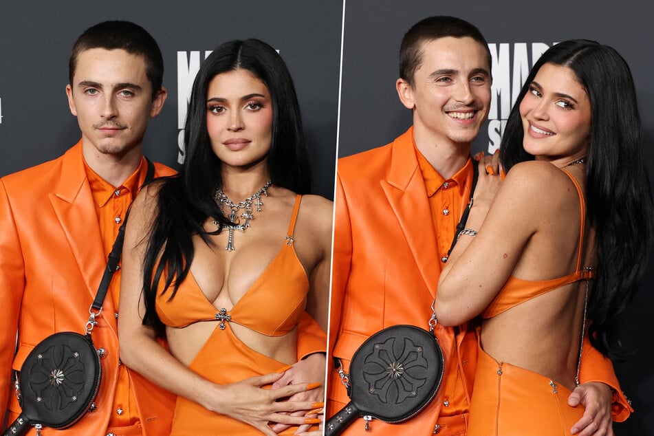 Kylie Jenner and Timothée Chalamet (l.) twinned in orange for Monday's premiere of Marty Supreme in Los Angeles.
