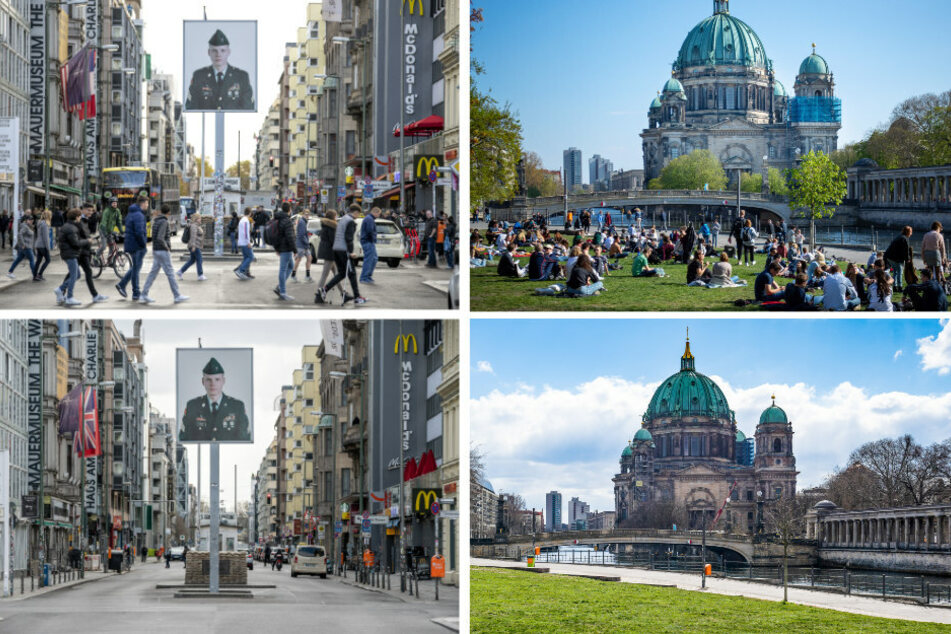 Die Stadt ist eine andere. Berlin vor (oben) und nach den Corona-Maßnahmen (unten).