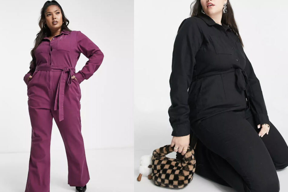 Langärmlige Jumpsuit für Damen aus Twill in Burgunder und Schwarz.