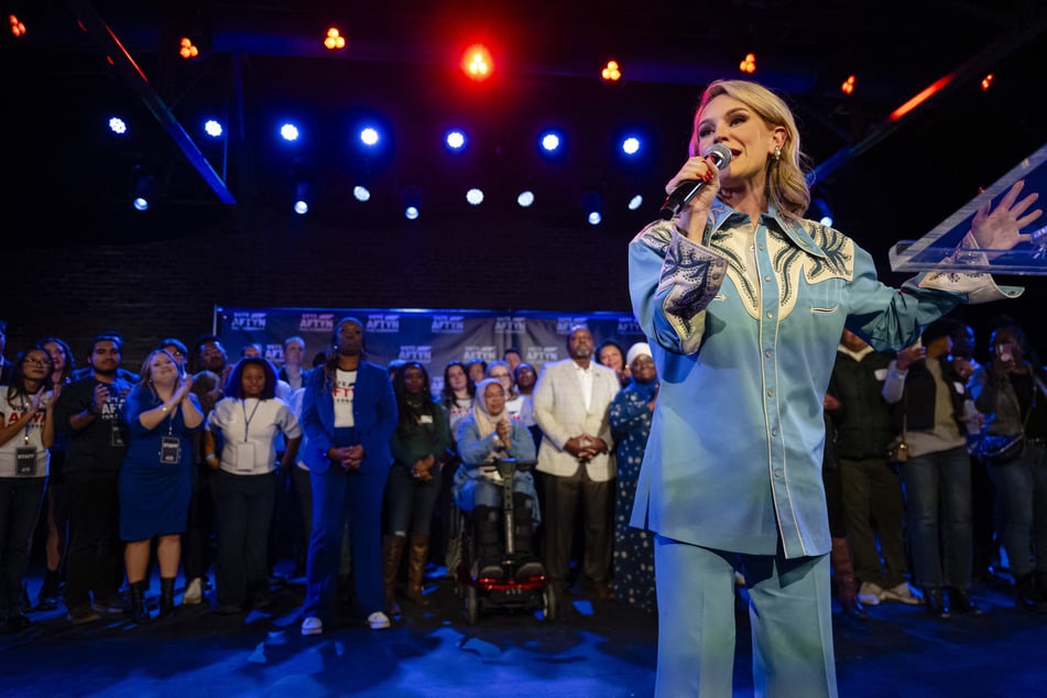 Aftyn Behn delivers a concession speech during an election-night watch party at Marathon Music Works in Nashville, Tennessee, on December 2, 2025.