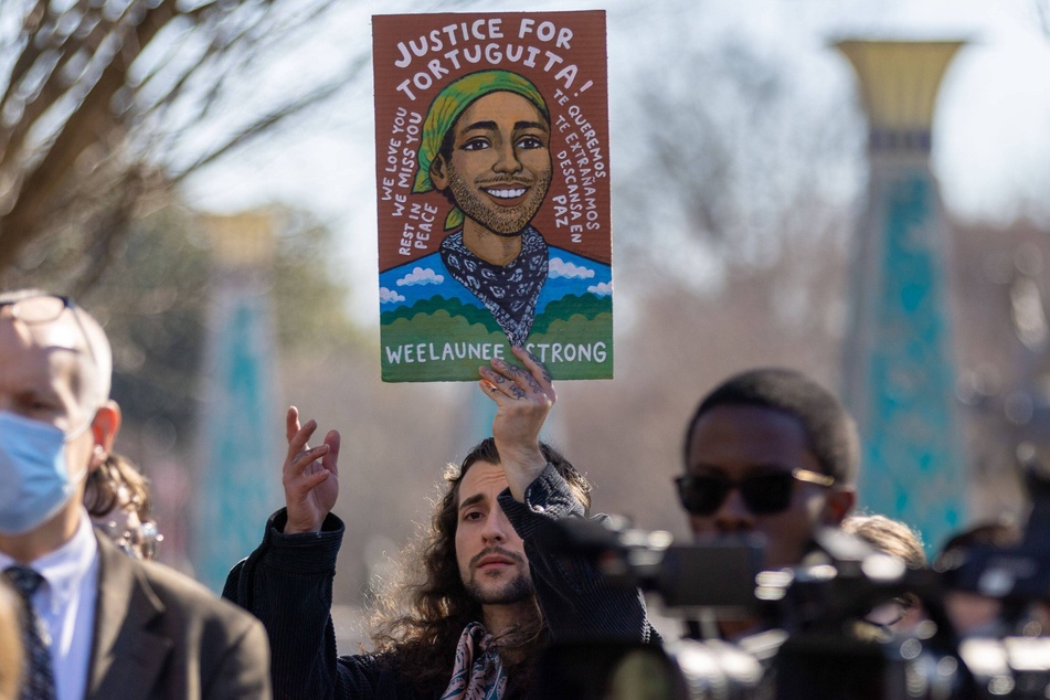 Stop Cop City supporters demand justice for Tortuguita, an Indigenous environmental activist who was killed by police in January 2023.